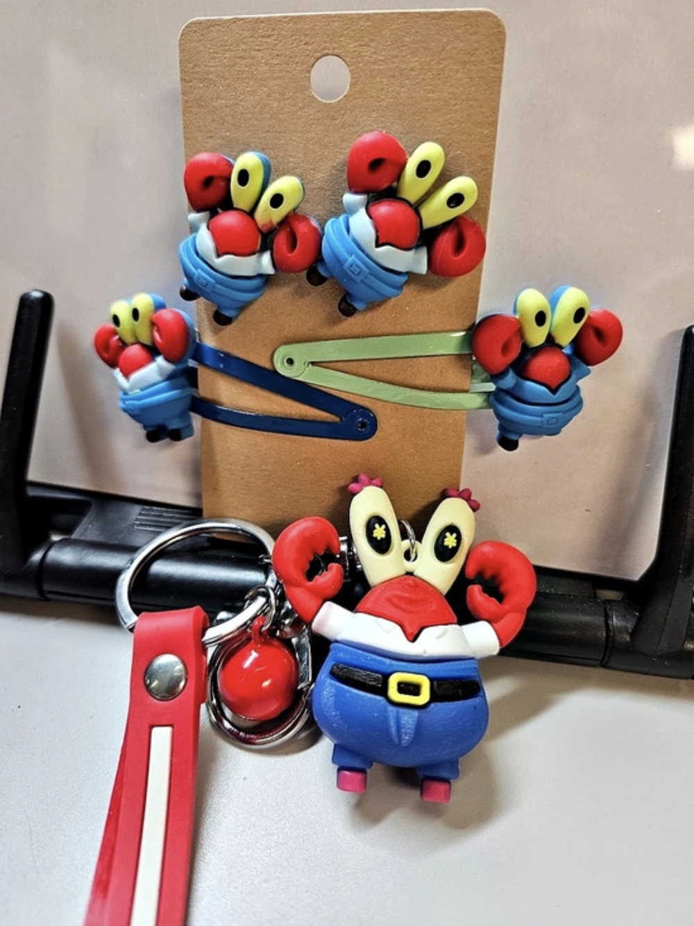 Character Earrings Hair Clips & Keychain Blue & Red Like New